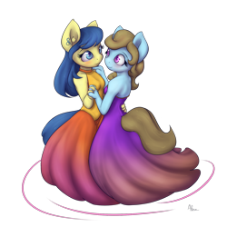 Size: 1500x1500 | Tagged: safe, artist:alasou, derpibooru import, beauty brass, fiddlesticks, anthro, apple family member, blushing, clothes, dancing, dress, female, fiddlebrass, lesbian, shipping