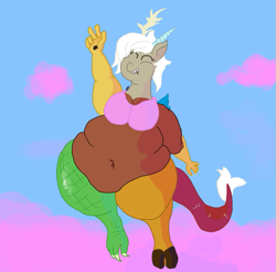 Size: 807x795 | Tagged: safe, artist:lupin quill, discord, eris, anthro, bbw, big belly, bra, busty eris, clothes, cloud, cotton candy, cotton candy cloud, fat, food, happy, huge eris, peace sign, rule 63, solo, underwear