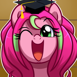 Size: 400x400 | Tagged: safe, artist:xwhitedreamsx, oc, oc only, oc:precious metal, cute, graduation, graduation cap, hat, solo