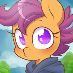 Size: 500x500 | Tagged: safe, artist:lolopan, scootaloo, pegasus, pony, bust, clothes, colored pupils, cute, cutealoo, female, filly, hoodie, looking at you, no pupils, portrait, sky, solo, tree