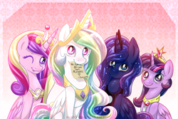 Size: 1500x1000 | Tagged: safe, artist:evehly, derpibooru import, princess cadance, princess celestia, princess luna, twilight sparkle, twilight sparkle (alicorn), alicorn, pony, alicorn tetrarchy, female, mare, michael morones, mouth hold, true love princesses