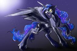 Size: 3000x2000 | Tagged: safe, artist:silfoe, derpibooru import, princess luna, alicorn, hengstwolf, pony, fangs, glare, looking back, moon, open mouth, raised hoof, solo, spread wings, unshorn fetlocks, wereluna