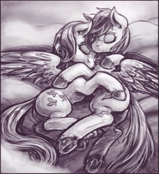 Size: 1280x1406 | Tagged: safe, artist:bantha, derpibooru import, fluttershy, rainbow dash, pegasus, pony, cloud, cloudy, cuddling, eyes closed, female, flutterdash, grayscale, hooves, lesbian, monochrome, on side, shipping, sleeping, smiling, snuggling, spread wings, underhoof, unshorn fetlocks