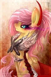 Size: 500x750 | Tagged: safe, artist:evehly, derpibooru import, fluttershy, pegasus, pony, corrupted, corrupted element of harmony, corrupted element of kindness, queen fluttershy, solo, sombra eyes, sombra's cape, sombra's horn, sombra's robe