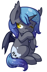 Size: 352x533 | Tagged: safe, artist:cloureed, oc, oc only, oc:princess nidra, alicorn, bat pony, bat pony alicorn, pony, alicorn oc, chibi, cute, ethereal mane, ocbetes, offspring, parent:oc:supernova, parent:princess luna, parents:canon x oc, simple background, solo, transparent background