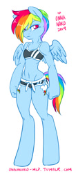 Size: 405x900 | Tagged: safe, artist:onnanoko, derpibooru import, rainbow dash, anthro, pegasus, unguligrade anthro, belly button, clothes, female, hooves, looking at you, mare, midriff, shorts, simple background, solo, sports bra, sports shorts, white background