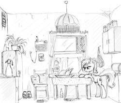 Size: 1136x968 | Tagged: safe, artist:madhotaru, oc, oc only, oc:volga pony, cooking, kitchen, monochrome, ponies eating meat, russian, solo, soviet