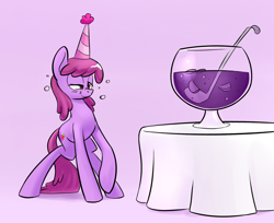 Size: 1200x981 | Tagged: safe, artist:underpable, derpibooru import, berry punch, berryshine, drunk, hat, party hat, punch (drink), punch bowl, scrunchy face, solo