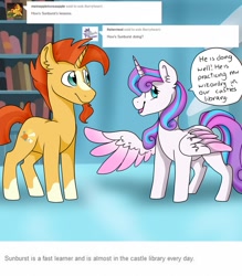 Size: 1280x1464 | Tagged: artist needed, safe, princess flurry heart, sunburst, ask, ask flurry heart, book, bookshelf, crystal castle, lesson, library, speech bubble, student, sunburst teaches flurry, teacher, tumblr, wizard, wizardry