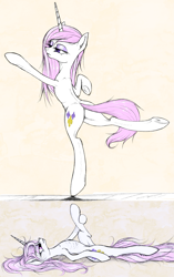 Size: 1243x1978 | Tagged: safe, artist:madhotaru, fleur-de-lis, chest fluff, flexible, on back, skinny, solo, stretching