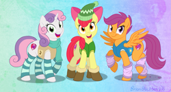 Size: 913x491 | Tagged: safe, artist:brianblackberry, apple bloom, scootaloo, sweetie belle, earth pony, pegasus, pony, unicorn, winter wrap up, animal team, backwards cutie mark, boots, bottomless, clothes, cutie mark, cutie mark crusaders, female, filly, leg warmers, looking at you, older, partial nudity, plant team, raised hoof, scarf, smiling, socks, spread wings, striped socks, the cmc's cutie marks, trio, vest, weather team, wings, winter wrap up vest