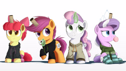 Size: 4000x2250 | Tagged: safe, artist:ncmares, apple bloom, diamond tiara, scootaloo, sweetie belle, earth pony, pegasus, pony, unicorn, adorabloom, bread, bubblegum, clothes, cute, cutealoo, cutie mark crusaders, diamondbetes, diasweetes, donut, fake cutie mark, fake horn, female, filly, food, hoodie, magic, my eyes are up here, ncmares is trying to murder us, quartet, simple background, socks, striped socks, telekinesis, toilet paper roll, white background