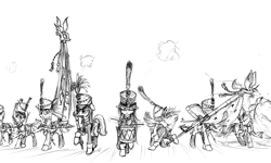 Size: 1280x768 | Tagged: safe, artist:madhotaru, banner, drums, gun, line infantry, rifle, shako, weapon