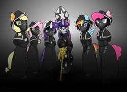 Size: 1375x1000 | Tagged: artist needed, source needed, safe, derpibooru import, applejack, fluttershy, pinkie pie, rainbow dash, rarity, twilight sparkle, anthro, earth pony, ghost, pony, brütal, corpse paint, doom metal, ghost (band), ghost bc, mane six, metal as fuck, nameless ghouls, papa emeritus ii, parody, twilight scepter