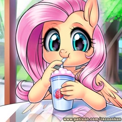 Size: 500x500 | Tagged: safe, artist:racoonsan, fluttershy, anthro, pegasus, clothes, cute, dress, drinking, drinking straw, female, food, milkshake, patreon, shyabetes, solo, weapons-grade cute