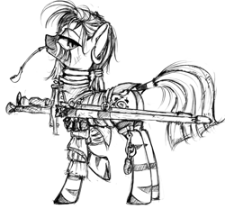 Size: 593x551 | Tagged: safe, artist:madhotaru, zecora, zebra, badass, bedroom eyes, crossover, monochrome, mouth hold, pipe, simple background, solo, sword, the witcher, weapon