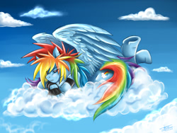 Size: 2048x1536 | Tagged: safe, artist:mimy92sonadow, derpibooru import, rainbow dash, anthro, cloud, cloudy, solo