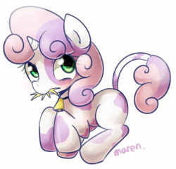 Size: 1000x961 | Tagged: safe, artist:maren, derpibooru import, sweetie belle, cow, bell, bell collar, collar, cowbelle, cowified, eating, hay, mouth hold, smiling, solo, species swap