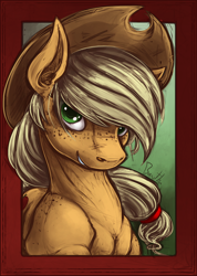 Size: 846x1185 | Tagged: safe, artist:bantha, derpibooru import, applejack, earth pony, pony, frame, freckles, out of frame, portrait, shoulder freckles, solo