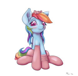 Size: 1850x1800 | Tagged: safe, artist:alasou, derpibooru import, rainbow dash, pegasus, pony, bedroom eyes, blushing, bow, clothes, cute, dashabetes, girly, looking at you, simple background, smiling, socks, solo, tomboy taming, transparent background