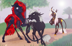 Size: 1360x877 | Tagged: safe, artist:dementra369, oc, oc:hara, oc:obsidian blossom, oc:ts'eḥāyi, classical unicorn, crystal pony, monster pony, original species, pony, tatzlpony, unicorn, cloven hooves, curved horn, female, horn, leonine tail, mare, red and black oc, unshorn fetlocks