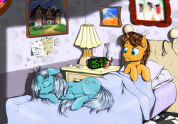 Size: 1285x900 | Tagged: safe, artist:madhotaru, doctor horse, doctor stable, screw loose, bed, bedroom, cute, duo, morning ponies, sleeping