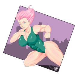 Size: 3500x3500 | Tagged: safe, artist:victorshinigami, fluttershy, saddle rager, human, power ponies (episode), breasts, female, hootershy, humanized, leotard, muscles, muscleshy, power ponies, solo, wink