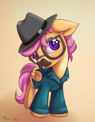 Size: 1100x1400 | Tagged: safe, artist:alasou, derpibooru import, scootaloo, clothes, disguise, glasses, hat, moustache, shirt, solo