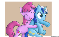 Size: 1455x910 | Tagged: safe, artist:bluemeganium, berry punch, berryshine, minuette, earth pony, pony, berrybetes, berrygate, cute, ear fluff, eyes closed, female, hug, lesbian, minubetes, plushie, shipping, smiling