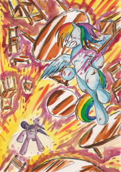 Size: 1634x2312 | Tagged: safe, artist:souleatersaku90, rainbow dash, twilight sparkle, pegasus, pony, backwards cutie mark, chaos in equestria, commission, fanfic art, fight, levitation, magic, telekinesis, traditional art, watercolor painting