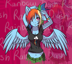 Size: 814x724 | Tagged: safe, artist:a-purple-pony, derpibooru import, rainbow dash, anthro, alternate hairstyle, belly button, bra strap, cleavage, clothes, female, midriff, scrunchie, shirt, solo