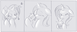 Size: 1280x544 | Tagged: safe, artist:alasou, derpibooru import, trixie, pony, unicorn, coffee, comic, female, heart, mare, monochrome, scrunchy face, solo