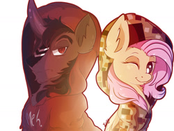 Size: 2000x1500 | Tagged: safe, artist:evehly, derpibooru import, fluttershy, king sombra, pegasus, pony, unicorn, clothes, female, hoodie, looking at you, male, shipping, smiling, sombrashy, straight, wink