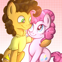 Size: 600x600 | Tagged: safe, artist:evehly, derpibooru import, cheese sandwich, pinkie pie, earth pony, pony, cheesepie, eye contact, female, happy, hug, male, shipping, side hug, smiling, straight