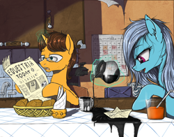 Size: 1200x942 | Tagged: safe, artist:madhotaru, doctor horse, doctor stable, screw loose, pony, bed mane, bread, breakfast, coffee, drink, female, glasses, magic, male, mare, morning ponies, mug, newspaper, open mouth, orange juice, paper boat, papercraft, stallion