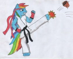 Size: 993x804 | Tagged: safe, artist:mane-shaker, derpibooru import, rainbow dash, anthro, black belt, clothes, colored, fingerless gloves, gi, gloves, karate, kick, kicking, solo, traditional art