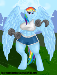 Size: 6335x8344 | Tagged: safe, artist:professordoctorc, derpibooru import, rainbow dash, anthro, unguligrade anthro, abs, absurd resolution, arm hooves, breasts, clothes, female, midriff, muscles, rainboob dash, rainbuff dash, solo, sports bra, sports shorts, sweat, workout