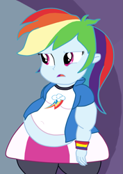 Size: 837x1183 | Tagged: safe, artist:lupin quill, edit, edited screencap, screencap, rainbow dash, equestria girls, bbw, belly, bingo wings, fat, fat edit, obese, rainblob dash, scene interpretation, solo