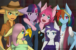 Size: 2325x1550 | Tagged: safe, artist:thekattyart, derpibooru import, applejack, fluttershy, pinkie pie, rainbow dash, rarity, twilight sparkle, anthro, earth pony, pony, mane six