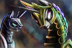 Size: 3000x2000 | Tagged: safe, artist:silfoe, derpibooru import, princess celestia, princess luna, alicorn, pony, armor, badass, frown, glare, looking back, serious, speedpaint, warrior celestia, warrior luna