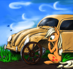 Size: 987x929 | Tagged: safe, artist:madhotaru, applejack, earth pony, pony, bygone civilization, car, solo, volkswagen, volkswagen beetle, wheel