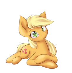 Size: 825x845 | Tagged: safe, artist:alasou, derpibooru import, applejack, earth pony, pony, cute, freckles, hatless, head tilt, looking at you, missing accessory, prone, simple background, smiling, solo, white background