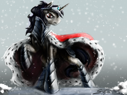 Size: 4000x3000 | Tagged: safe, artist:silfoe, derpibooru import, king sombra, pony, unicorn, spoiler:comic, mirror universe, snow, snowfall, solo