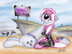 Size: 1024x768 | Tagged: safe, artist:thechrispony, oc, oc only, oc:flare, oc:hired gun, fallout equestria, fallout equestria: heroes, amputee, beach, bikini, bikini bottom, clothes, prosthetic limb, prosthetics, solo, sunglasses, swimsuit, traditional art