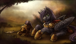 Size: 2767x1605 | Tagged: safe, artist:bantha, derpibooru import, oc, oc only, oc:rome silvanus, pegasus, pony, :p, armor, green eyes, helmet, looking at you, lying down, multicolored hair, prone, smiling, solo, tongue out, wings