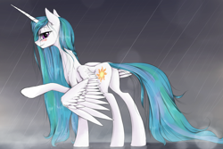 Size: 1500x1000 | Tagged: safe, artist:madhotaru, princess celestia, alicorn, pony, blushing, cute, cutelestia, female, looking at you, looking back, mare, missing accessory, plot, rain, smiling, solo, wet mane