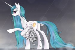 Size: 1024x683 | Tagged: safe, artist:agm, artist:madhotaru, princess celestia, alicorn, original species, plane pony, pony, artificial wings, augmented, feather, mechanical wing, plane, rain, solo, trypophobia, wet, wet mane, wingfoil, wings