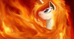 Size: 1916x1029 | Tagged: safe, artist:greyscaleart, derpibooru import, princess celestia, alicorn, pony, bedroom eyes, fire, looking up, mane of fire, portrait, power, pretty, princess, princess solestia, profile, smiling, solo