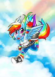 Size: 854x1208 | Tagged: safe, artist:meb90, derpibooru import, rainbow dash, anthro, cloud, cloudy, solo