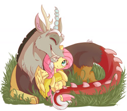 Size: 1600x1400 | Tagged: safe, artist:evehly, derpibooru import, discord, fluttershy, pegasus, pony, cuddling, duo, eyes closed, fangs, female, friendshipping, grass, grin, hug, male, nuzzling, prone, sitting, smiling, snuggling, spread wings, wink